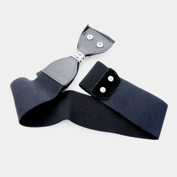 Silver Crystal Ribbon Bow Elastic Stretch Band Sparkly Buckle Belt Statement - Picture 2 of 2